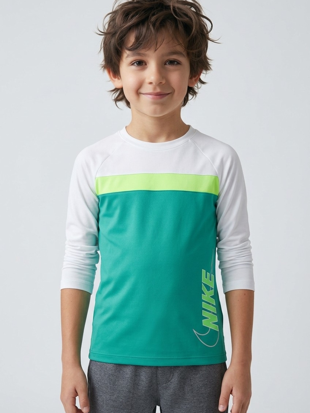 Nike Kids Teal and White Long Sleeve Rash Guard with Lime Accent